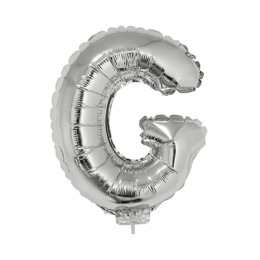 Zilveren opblaas letter ballon G op stokje 41 cm