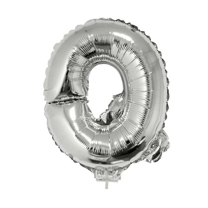 Zilveren opblaas letter ballon Q op stokje 41 cm