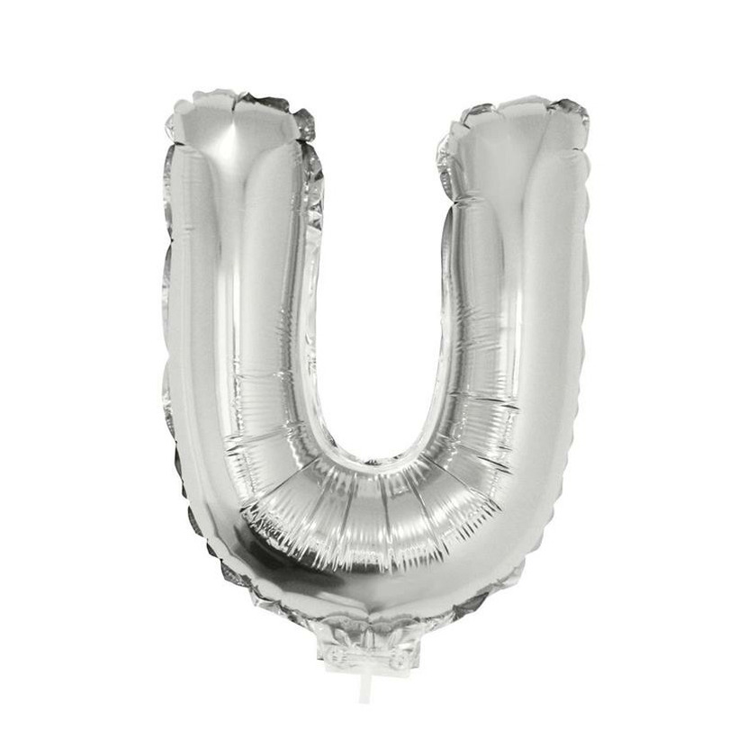 Zilveren opblaas letter ballon U op stokje 41 cm
