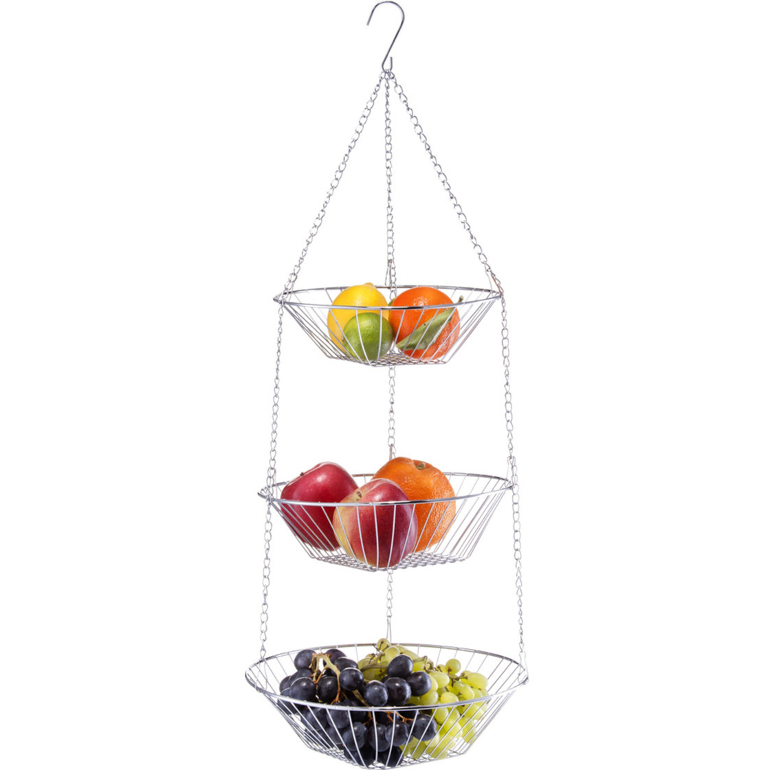 Zilveren ronde camping fruitschaal 3-laags hangend 72 cm