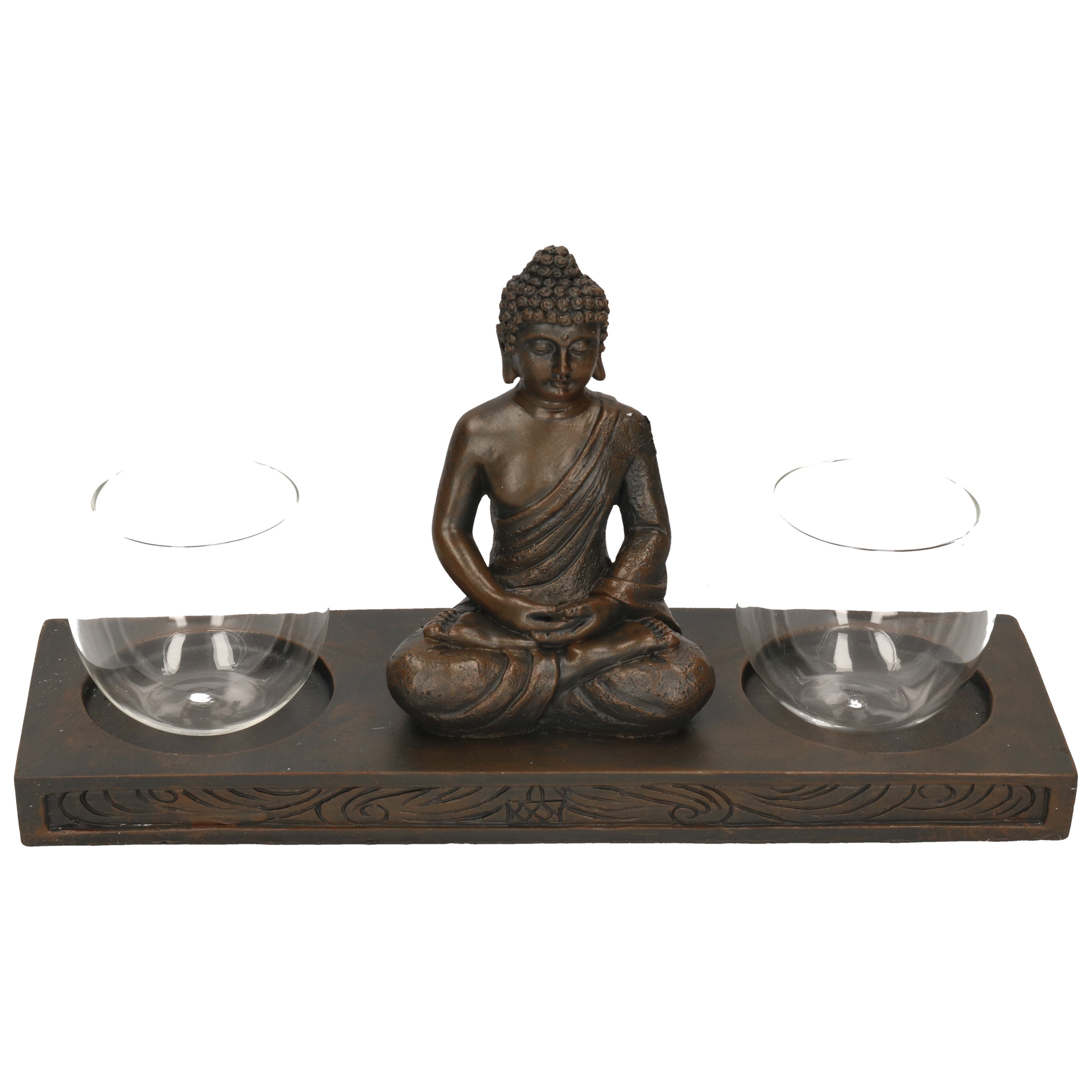 Zittende Boeddha waxinelichthouder op plank zwart 32 cm