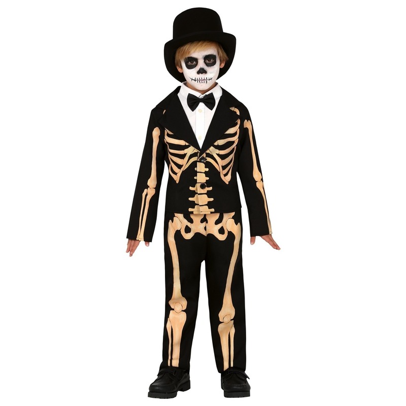 Zwart/oranje skelet verkleedkostuum voor kinderen skelettenpak