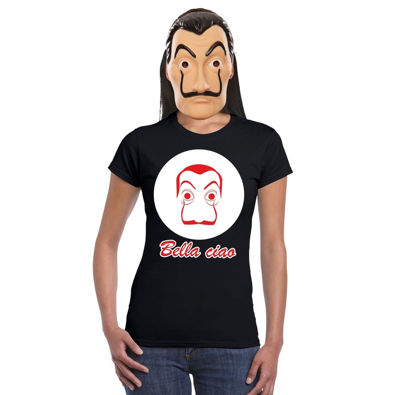Zwart Salvador Dali t-shirt met La Casa de Papel masker dames