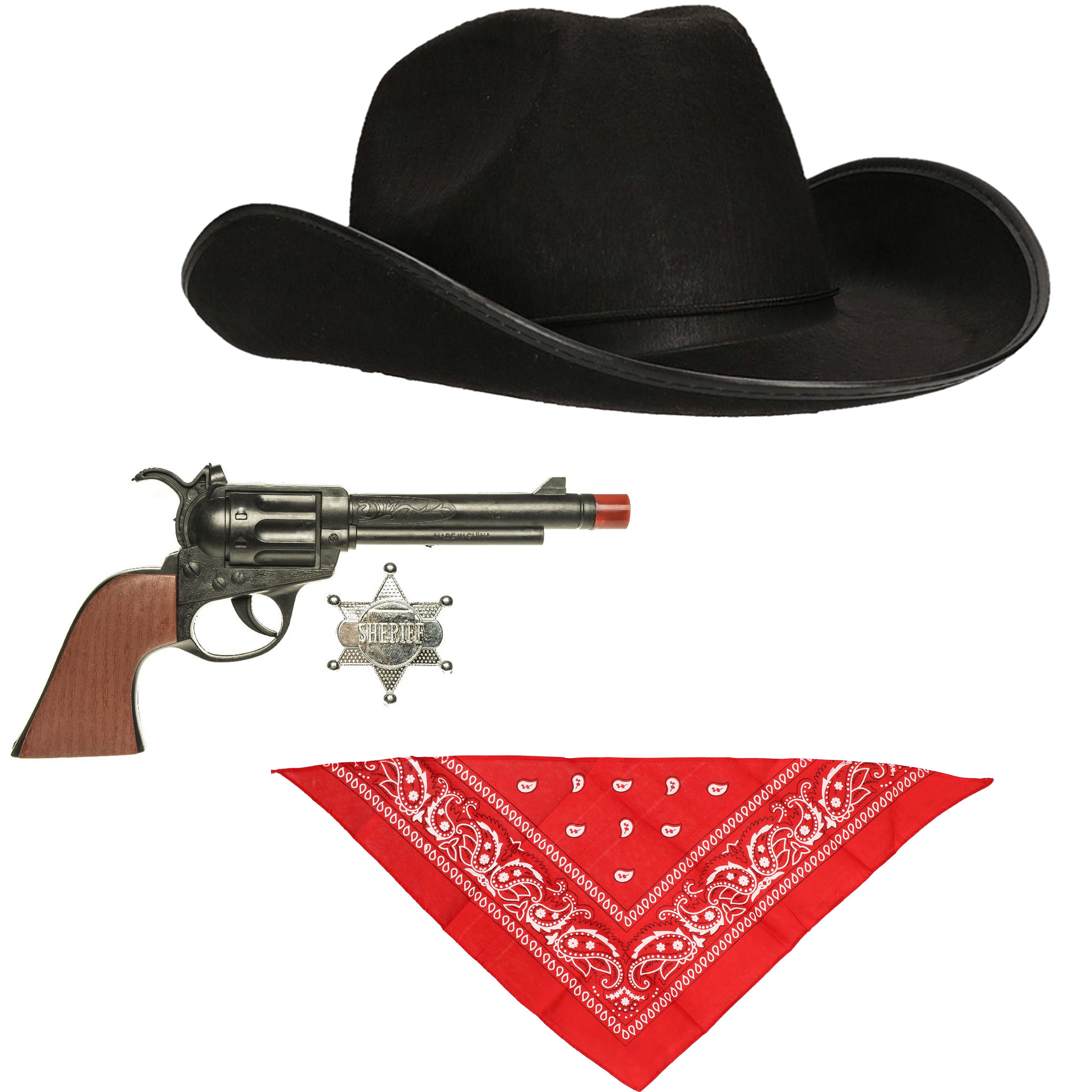 Zwarte carnaval verkleed cowboyhoed-zakdoek-pistool