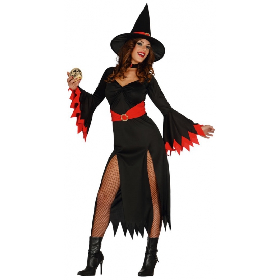 Zwarte lange heksen jurk met rode details