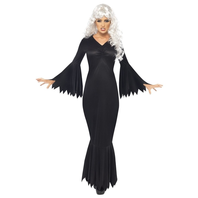 Zwarte lange heksen jurk verkleed kostuum voor dames