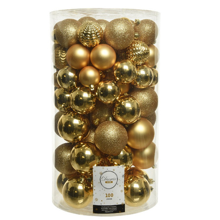 100x Gold Christmas baubles 4-5-6-7-8 cm plastic mix