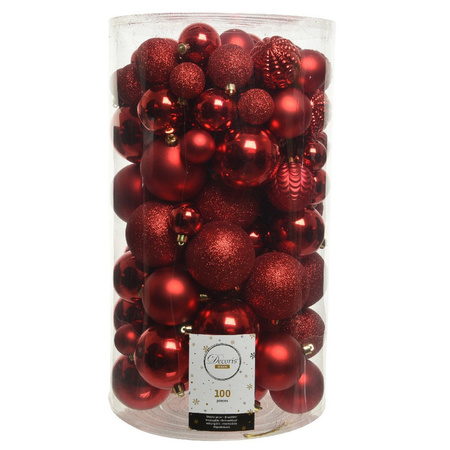 100x Rode kerstballen 4-5-6-7-8 cm kunststof mix