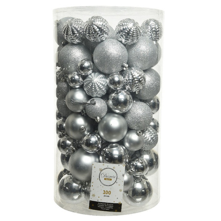 100x Silver Christmas baubles 4-5-6-7-8 cm plastic mix