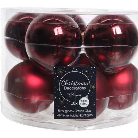 Glazen kerstballen pakket donkerrood glans/mat 32x stuks inclusief piek mat
