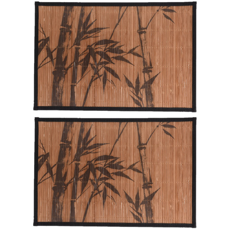 10x stuks rechthoekige placemats 30 x 45 cm  bamboe bruin met zwarte bamboe print 1
