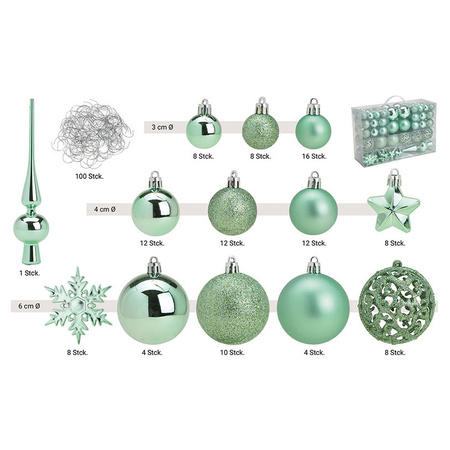 111x stuks kunststof kerstballen mint groen 3, 4 en 6 cm met piek