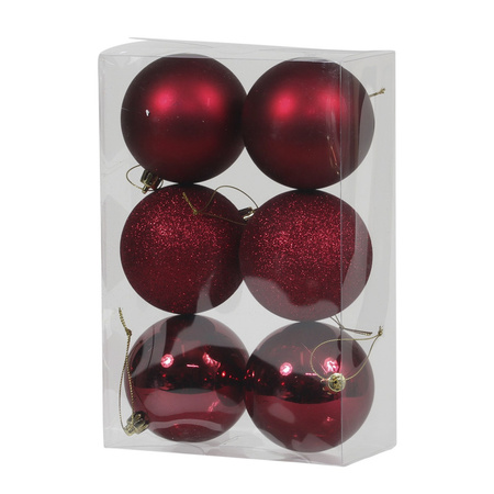 12x Bordeaux rode kunststof kerstballen 8 cm glans/mat/glitter