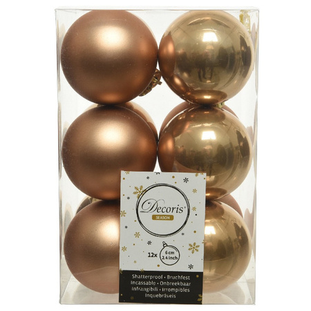 Kerstversiering kunststof kerstballen mix camel bruin/zilver 6-8-10 cm pakket van 44x stuks