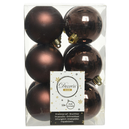 12x Donkerbruine kerstballen 6 cm kunststof mat/glans