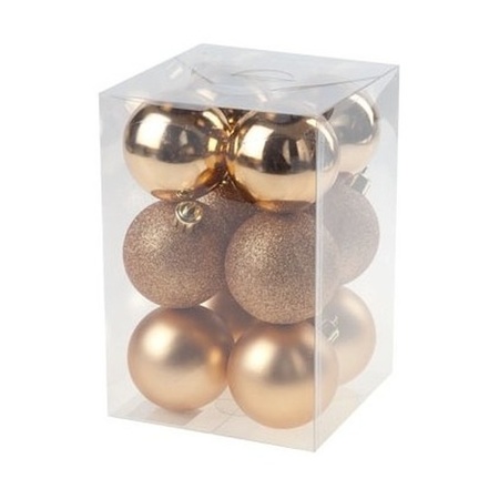 12x stuks kunststof kerstballen 6 cm inclusief glitter piek koper