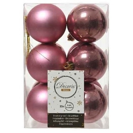 24x stuks kunststof kerstballen mix van zilver en oudroze 6 cm