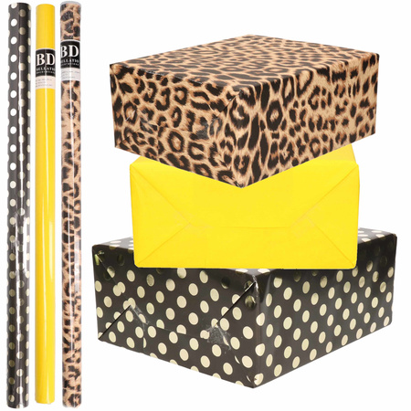 12x Rollen kraft inpakpapier/folie pakket - panterprint/geel/zwart met gouden stippen 200 x 70 cm