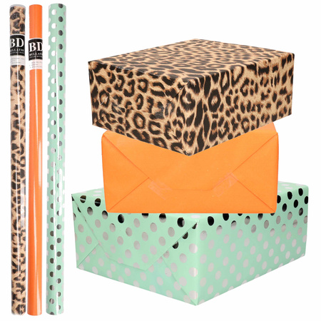 12x Rolls wrapping paper pack pantherprint/orange/green with silver dots 200 x 70 cm