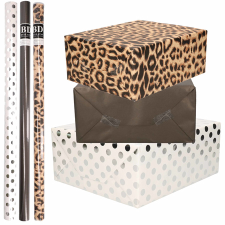 12x Rolls wrapping paper pack pantherprint/black/white with silver dots 200 x 70 cm