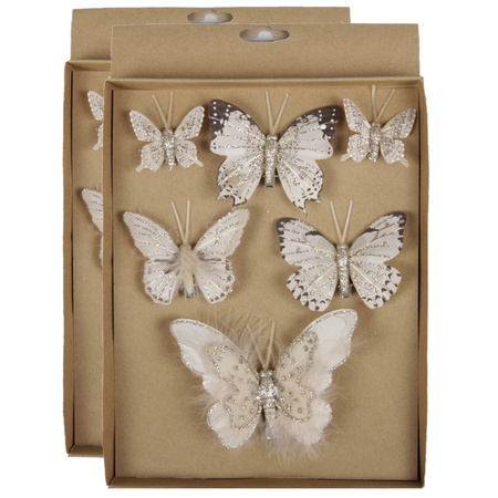 12x stuks decoratie vlinders op clip champagne 5, 8 en 12 cm