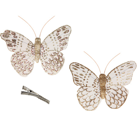 12x stuks decoratie vlinders op clip goud glitter 10 x 8 cm
