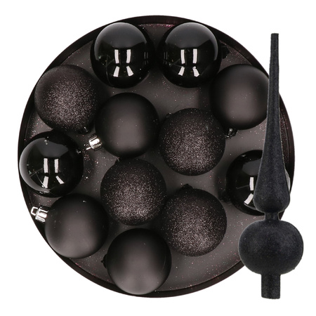 12x stuks kunststof kerstballen 6 cm inclusief glitter piek zwart