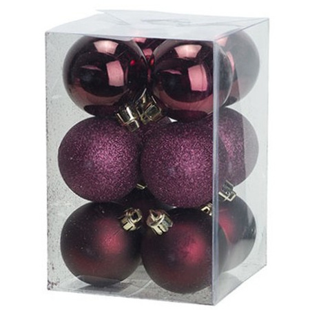 24x stuks kunststof kerstballen mix van aubergine en koper 6 cm