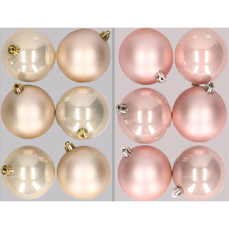 12x Christmas baubles mix of champagne and lightpink 8 cm plastic matte/shiny