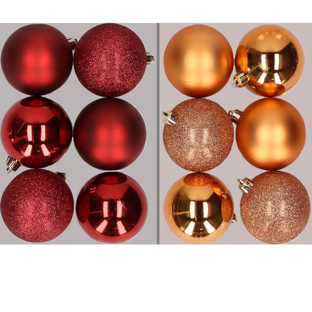 12x stuks kunststof kerstballen mix van donkerrood en koper 8 cm