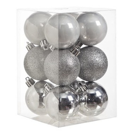 12x stuks kunststof kerstballen 6 cm inclusief glitter piek zilver