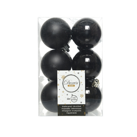 12x Zwarte kunststof kerstballen met glazen piek glans