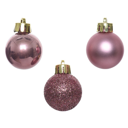 28x stuks kunststof kerstballen parelmoer wit en oud roze mix 3 cm
