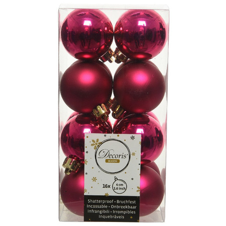 16x Berry pink Christmas small baubles 4 cm plastic matte/shiny