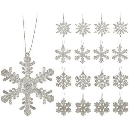 16x Kersthangers figuurtjes zilver sneeuwvlok/ster 10 cm glitter