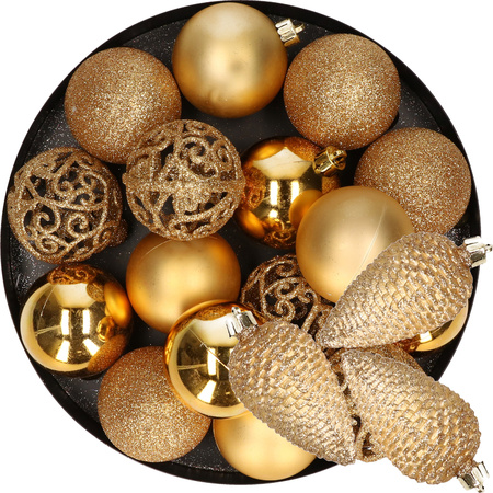 16x stuks kerstballen 6 cm met 6x st dennenappel kersthangers goud kunststof