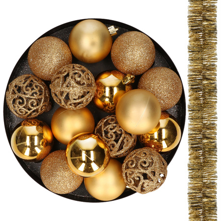 16x stuks kunststof kerstballen 6 cm incl. 2x st. kerstslingers goud