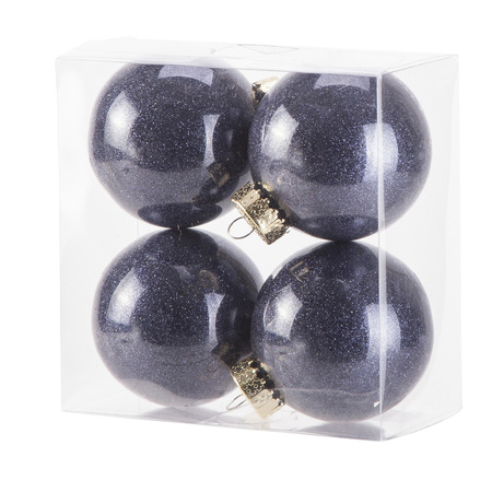 16x stuks kunststof kerstballen met glitter afwerking donkerblauw 8 cm