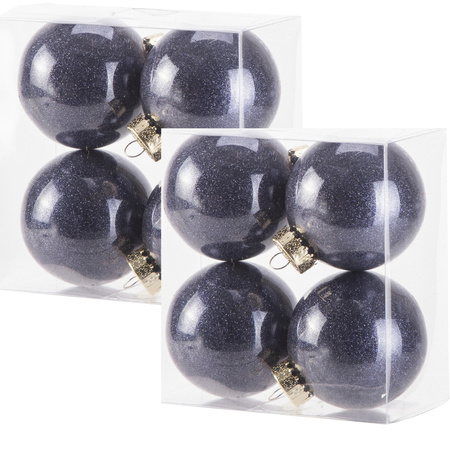 16x stuks kunststof kerstballen met glitter afwerking donkerblauw 8 cm