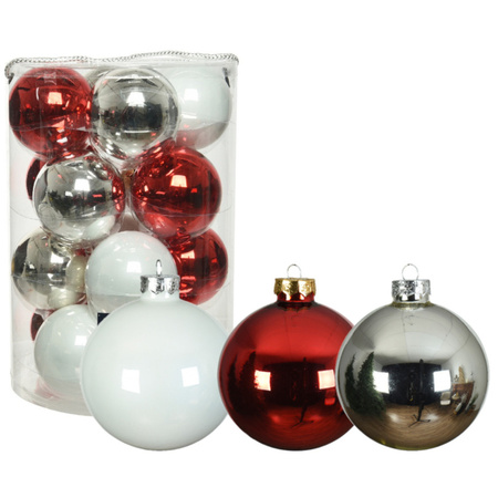 18x stuks glazen kerstballen wit, rood en zilver glans 8 cm