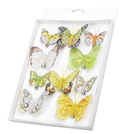 20x stuks decoratie vlinders op clip geel/groen 5 tot 8 cm