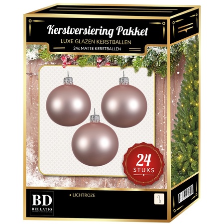24 Stuks mat glazen Kerstballen pakket lichtroze 6 en 8 cm