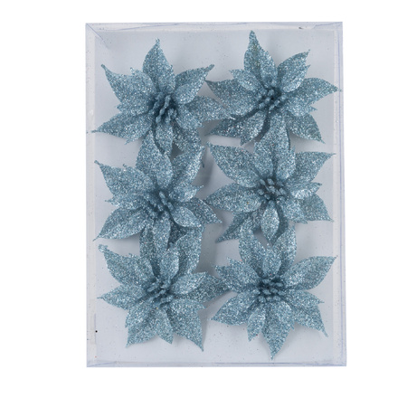 24x stuks decoratie bloemen rozen ijsblauw glitter op ijzerdraad 8 cm