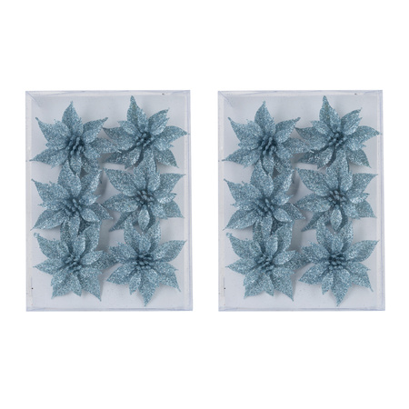 24x stuks decoratie bloemen rozen ijsblauw glitter op ijzerdraad 8 cm