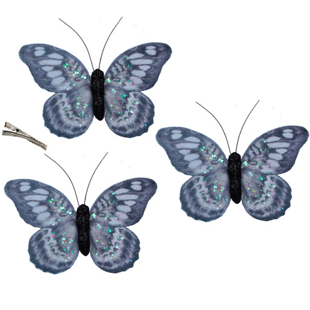 24x decoration grey/blue butterflies on clips 8,5 x 6 cm