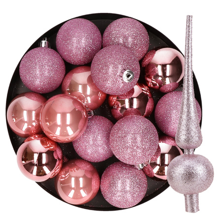 24x pcs plastic christmas baubles 6 cm including glitter tree topper pink