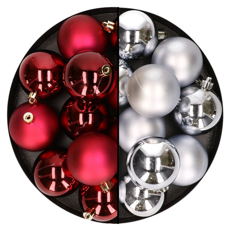 24x stuks kunststof kerstballen mix van donkerrood en zilver 6 cm