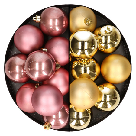 24x stuks kunststof kerstballen mix van goud en oudroze 6 cm