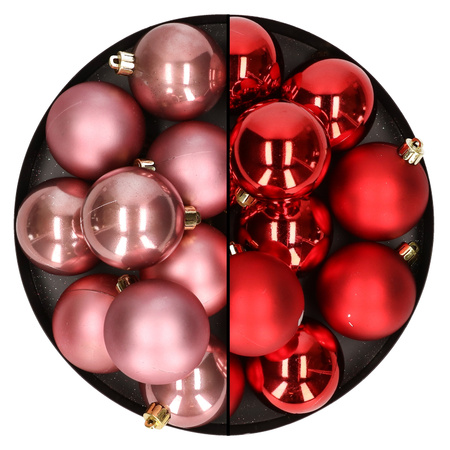24x stuks kunststof kerstballen mix van rood en oudroze 6 cm