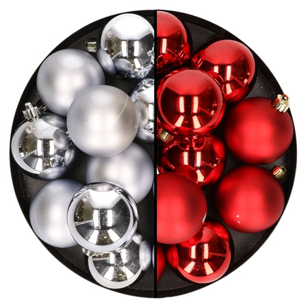 24x pcs plastic christmas baubles mix of silver and red 6 cm